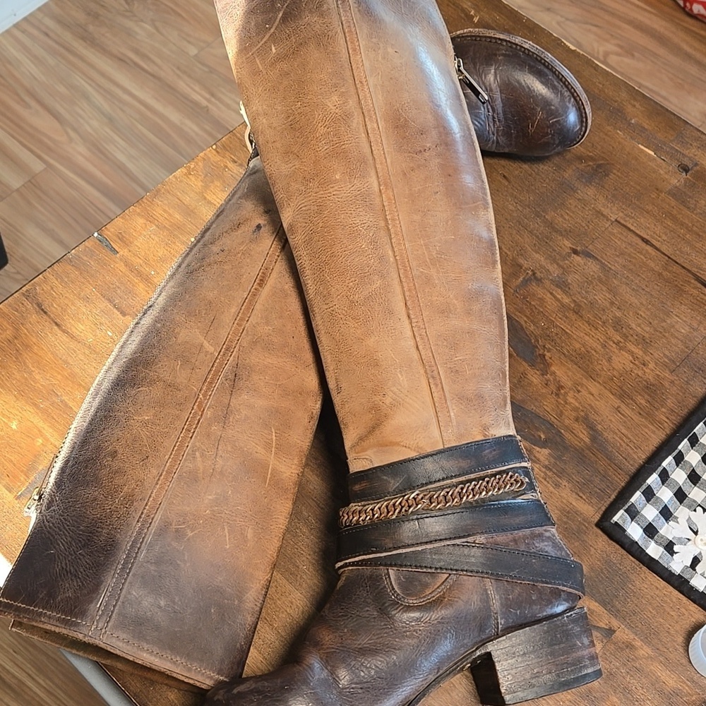 Freebird Aspen Knee High Leather Boots Straps Zip Back Brown Saddle Leather 7 - Picture 11 of 12